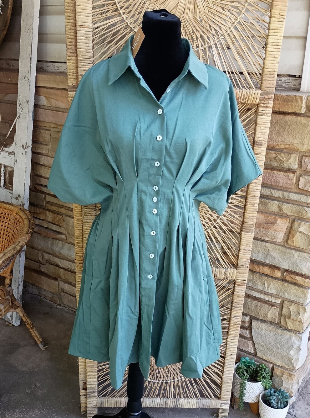 Shy Velvet Button-Front Pleated Shirt Dress in Sage Green With Pockets_XL